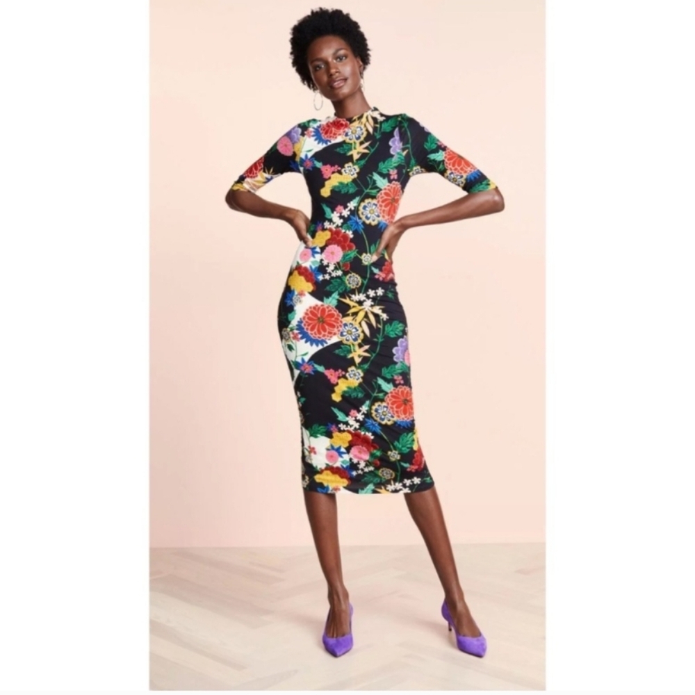 Floral Print Black Midi Sheath Dress